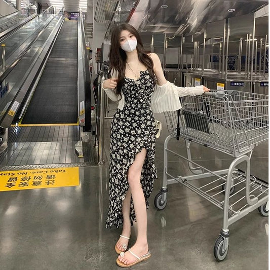 溫柔輕熟碎花吊帶側開顯瘦連衣裙