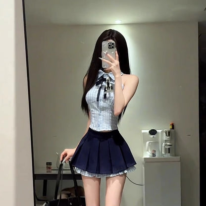 學院風無袖百褶裙套裝