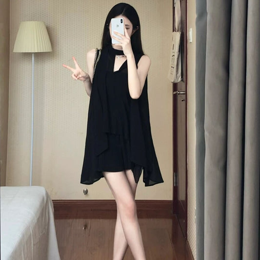 💕現貨秒出🍓法式氣質顯瘦掛脖雪紡吊帶連身衣