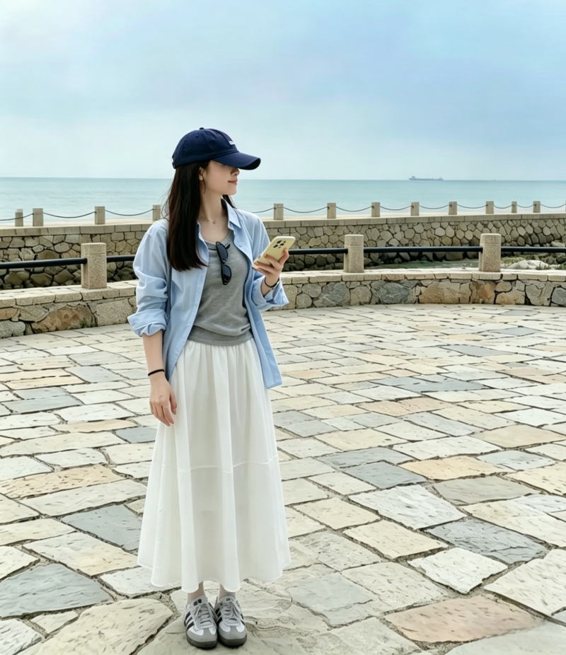 休閒藍色長袖寬鬆半身裙三件套