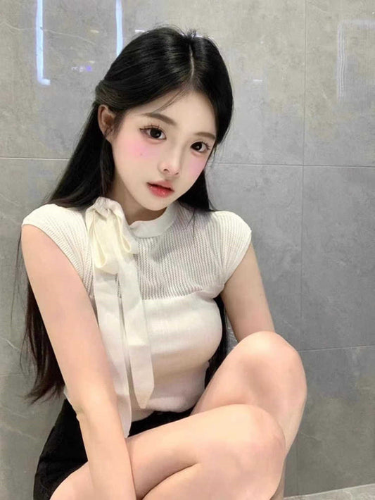 溫柔飄帶綁帶圓領短袖單品