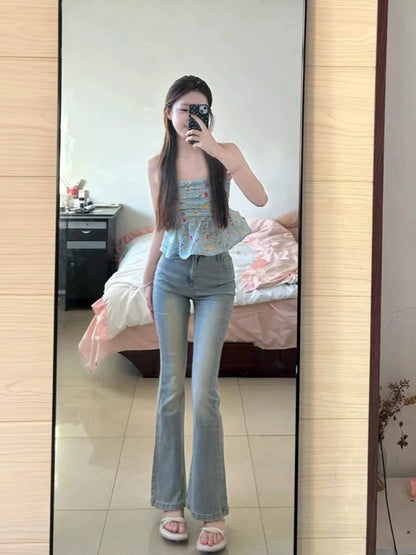 高腰微喇叭窄版小個子牛仔褲