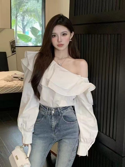 💕現貨秒出🍓法式優雅荷葉邊露肩襯衫單品