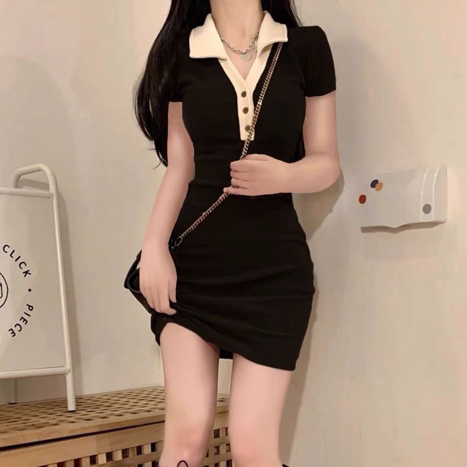 撞色顯瘦POLO領包臀連身短裙