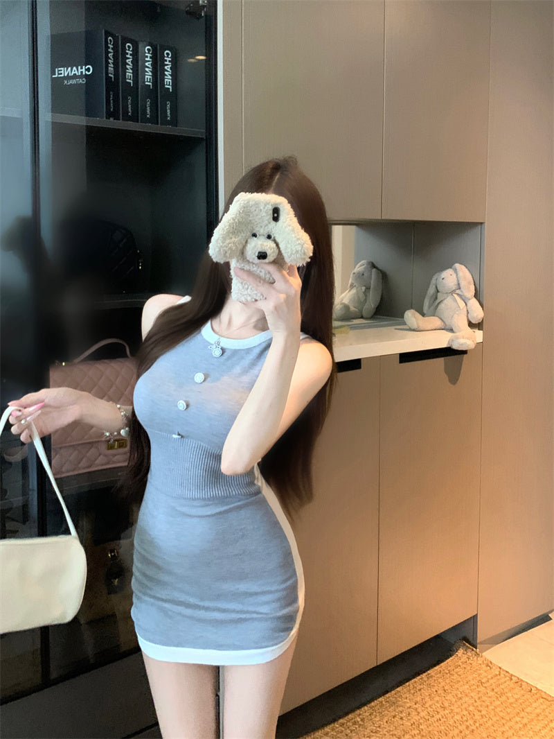 輕熟拼色圓領背心包臀短裙