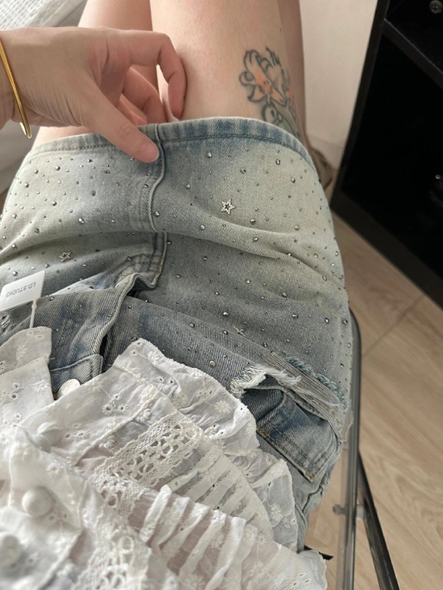 亮金金燙鑽百搭牛仔短褲裙
