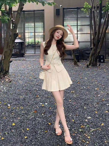 💕現貨秒出🍓高級復古小香風無袖上衣&高腰百褶裙兩件套