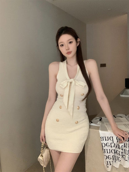 💕現貨秒出🍓小香風無袖收腰針織背心連衣裙