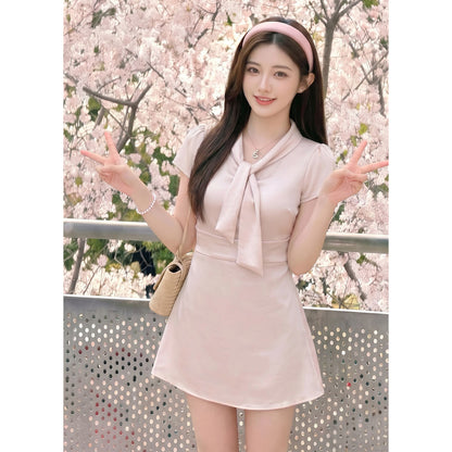 💕現貨秒出🍓韓系甜美粉色千金學院風連身裙
