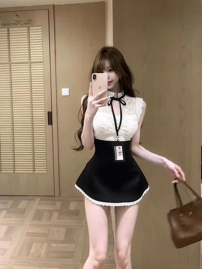 法式純欲蕾絲無袖簍空立領澎澎連身裙