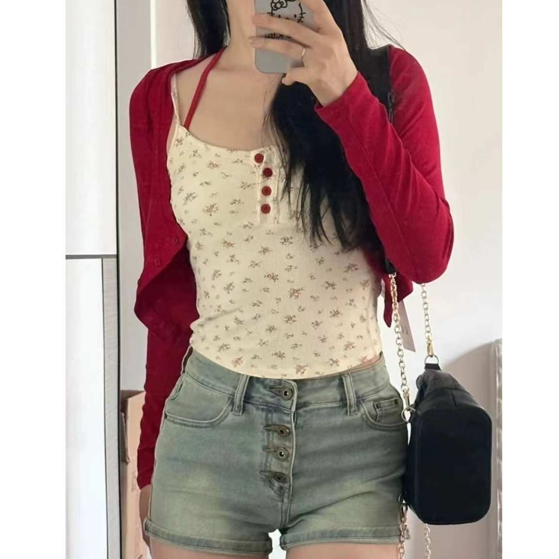 韓系甜美碎花吊帶修身顯瘦短袖上衣