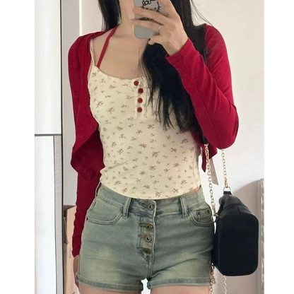 韓系甜美碎花吊帶修身顯瘦短袖上衣