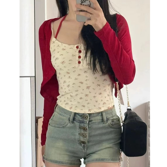 韓系甜美碎花吊帶修身顯瘦短袖上衣