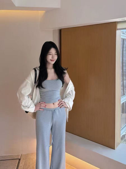 慵懶條紋帶胸墊吊帶+鬆緊直筒褲套裝