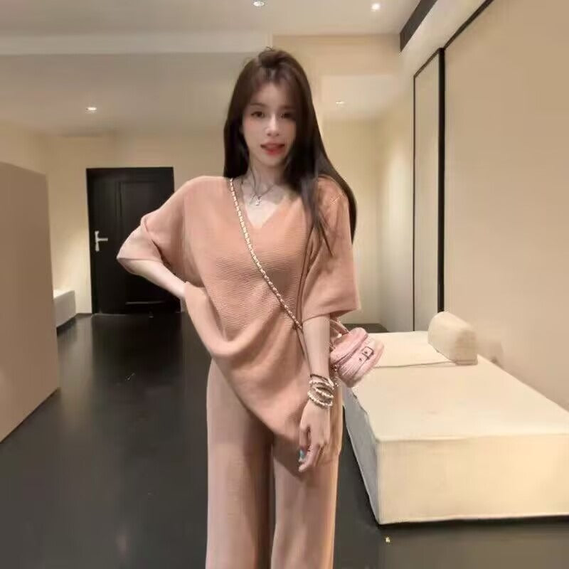 懶人必備韓系溫柔V領短袖兩件套