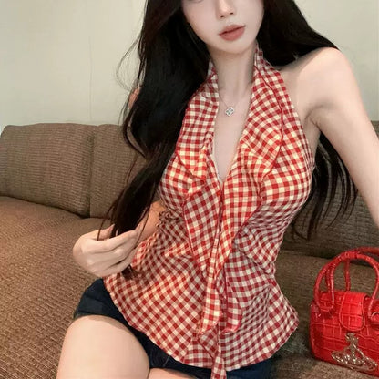 💕現貨秒出🍓夏日紅色格子無袖掛脖背心