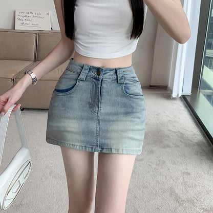 💕現貨秒出🍓復古水洗牛仔高腰短褲裙