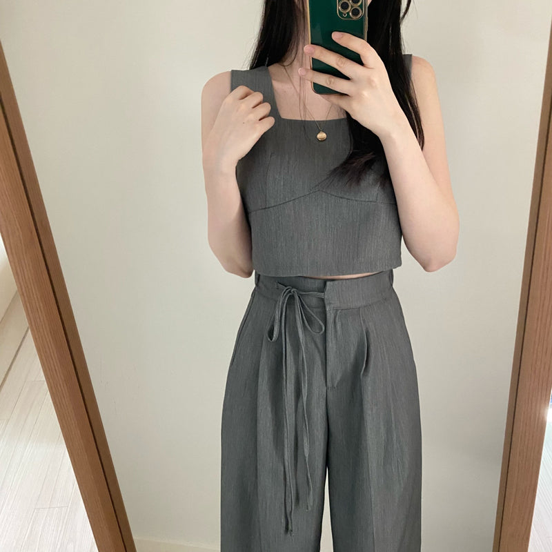 方領背心配系帶闊腿長褲兩件套