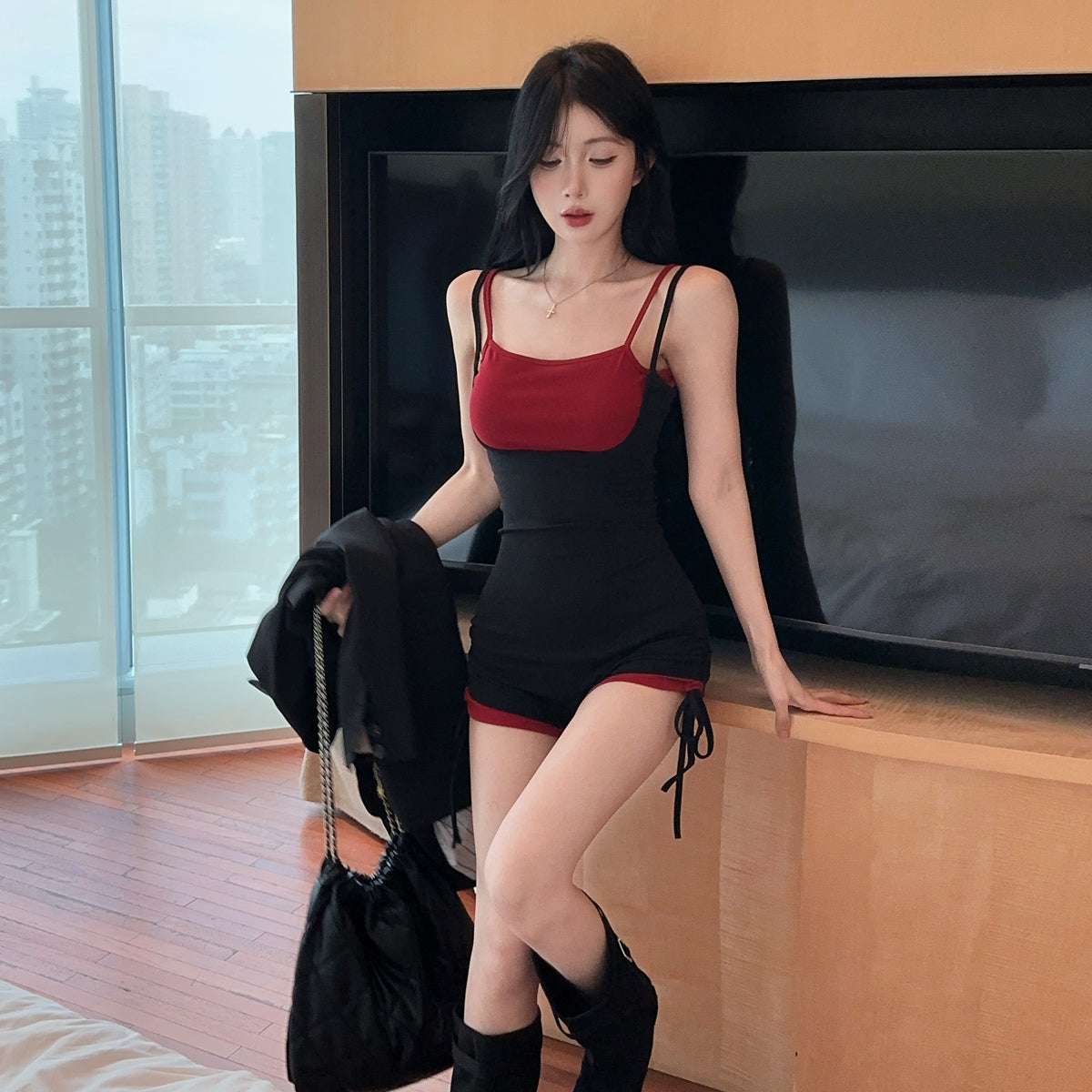辣妹假兩件吊帶連體瑜珈運動短褲