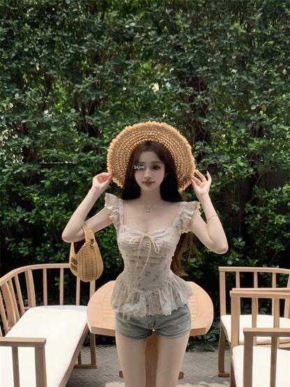 杏色碎花系帶小飛袖方領襯衫上衣