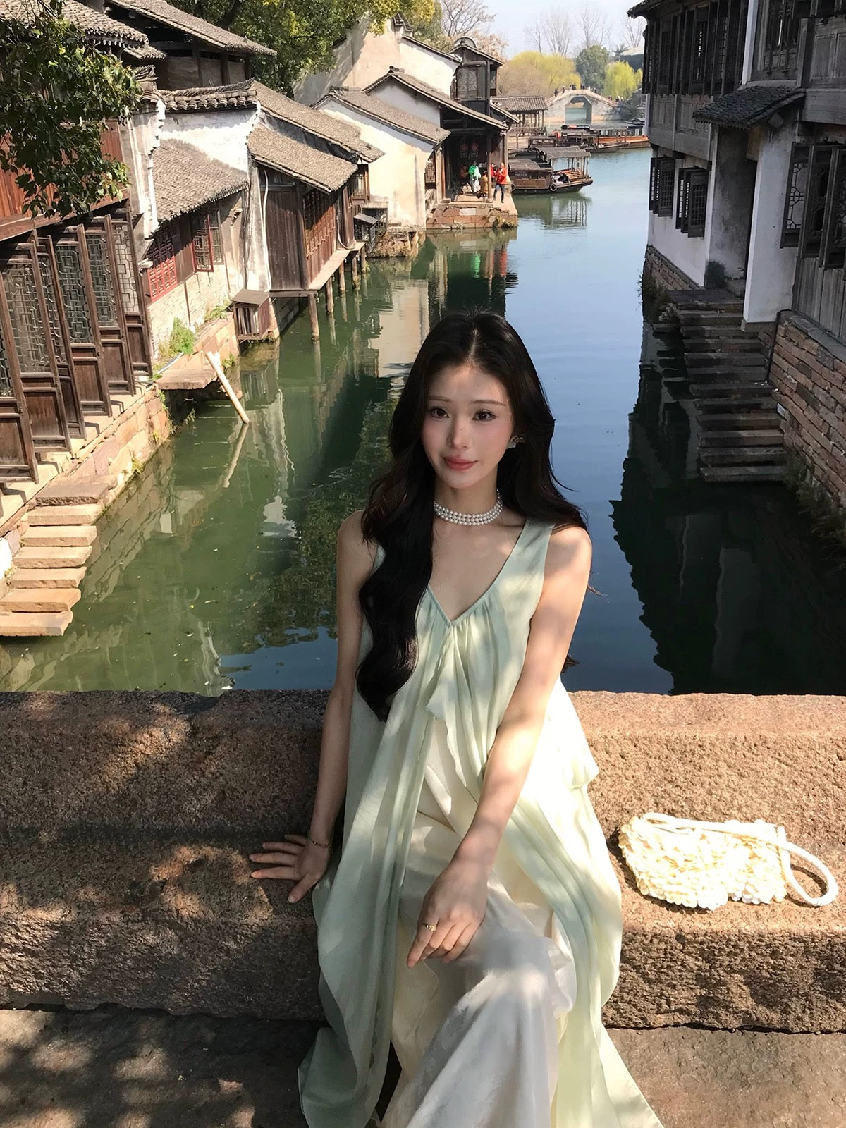 春夏薄荷綠溫柔薄紗背心連衣裙