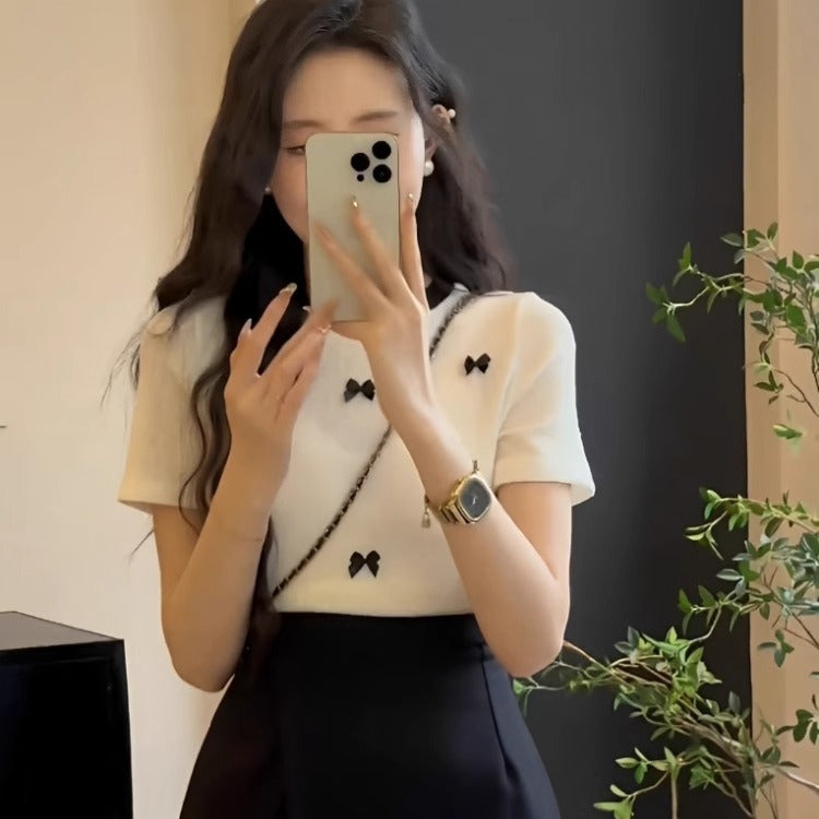 💕現貨秒出🍓法式小香風蝴蝶結冰絲短袖上衣