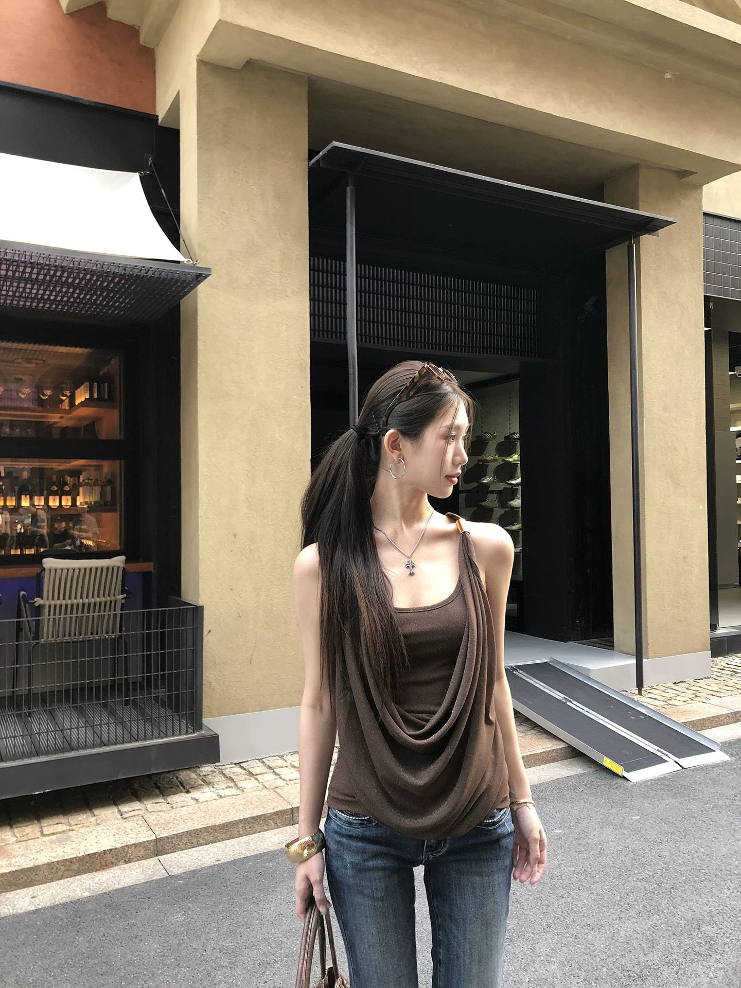 時尚咖啡吊帶無袖背心上衣