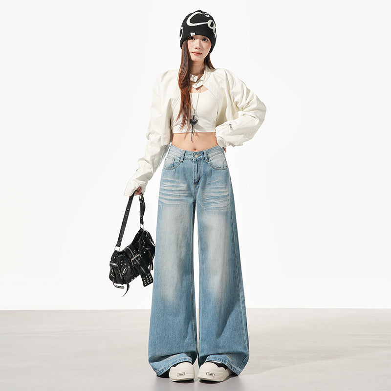美式淺藍摺痕闊腿牛仔褲👖