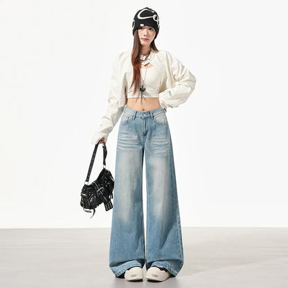 美式淺藍摺痕闊腿牛仔褲👖