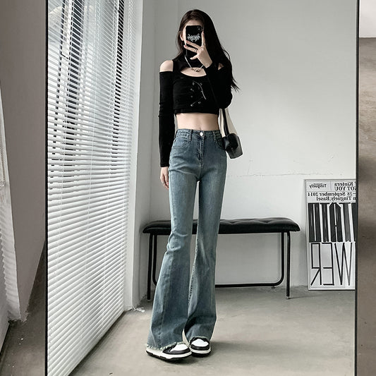 💕現貨秒出🍓毛邊懷舊藍高腰微喇叭牛仔褲