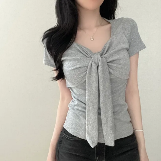 💕現貨秒出🍓韓系chic溫柔V領蝴蝶結短袖上衣