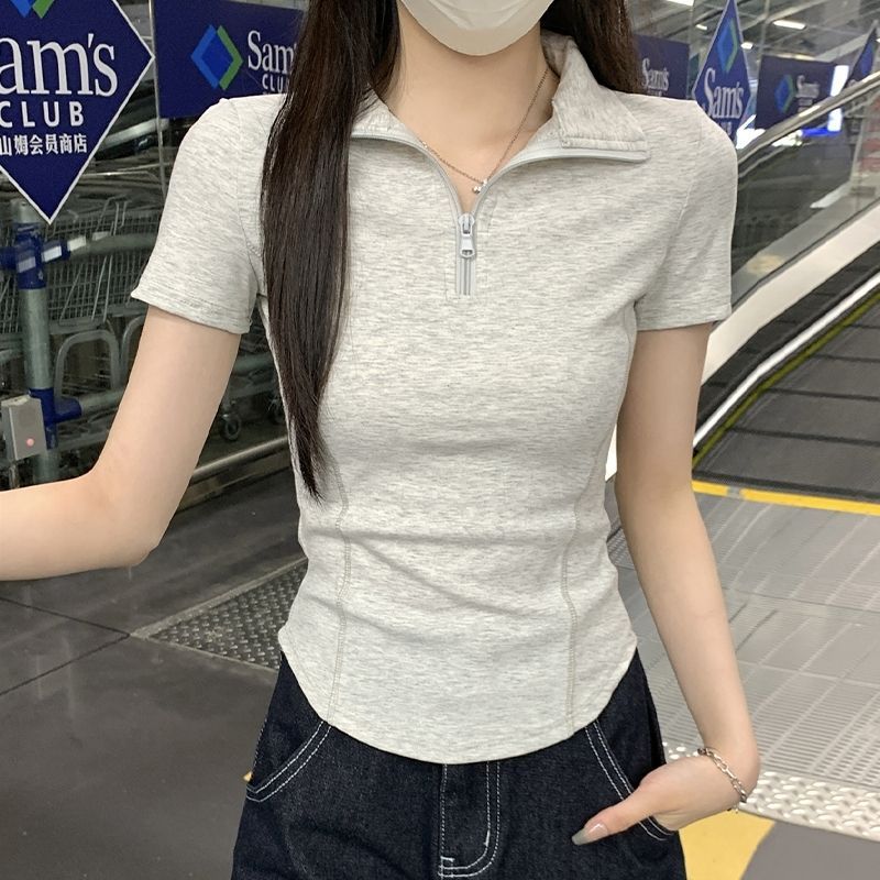 通勤百搭polo領拉鍊修身短袖上衣