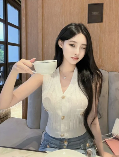 奢香名媛V領針織馬甲上衣