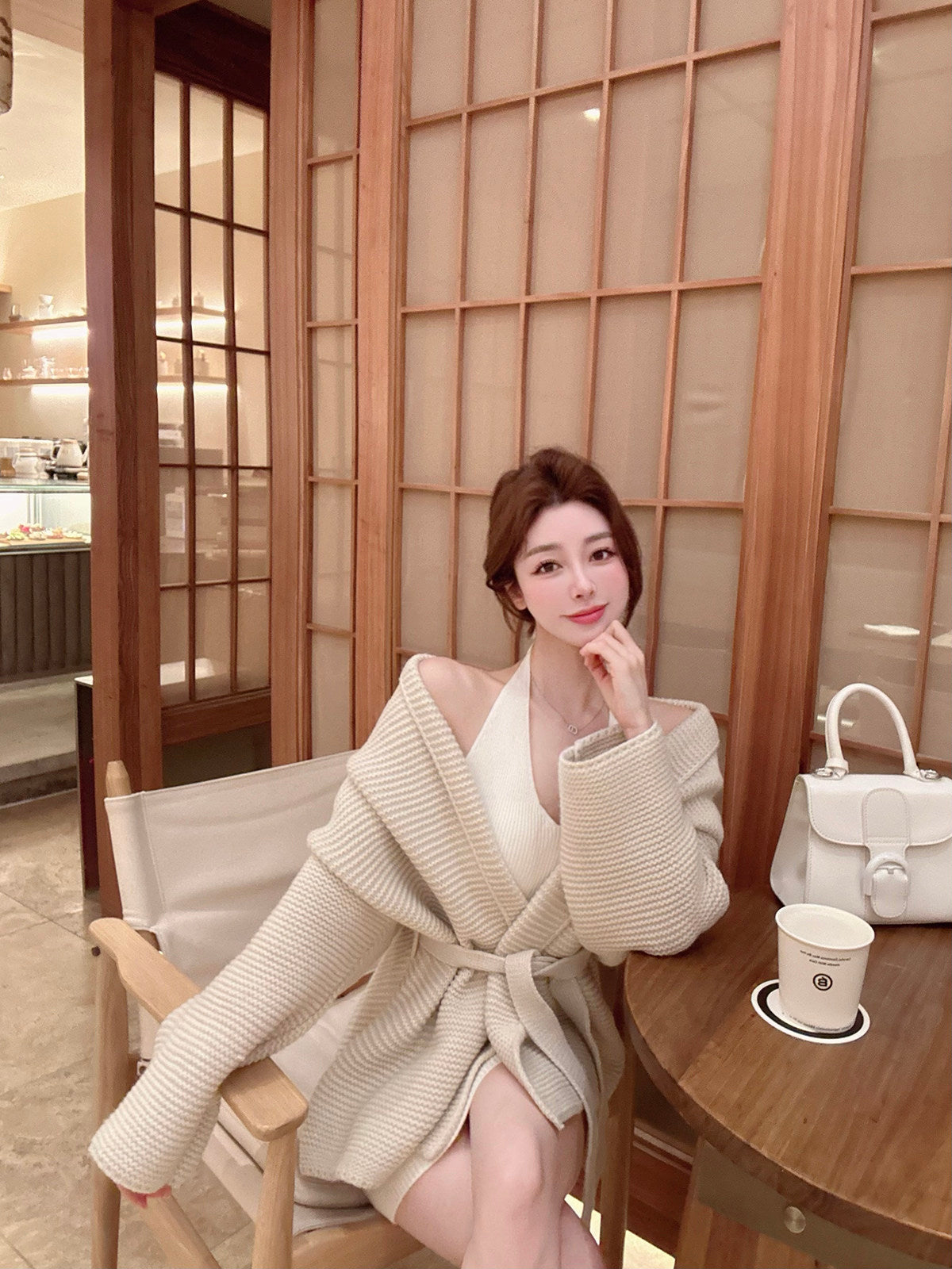 💕現貨秒出🍓韓系掛脖吊帶羊毛粗針針織開衫外套套裝