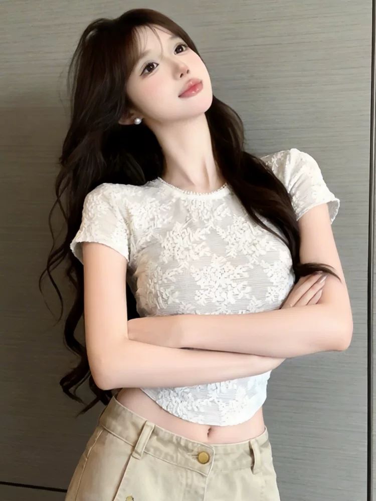 純御蕾絲花邊短袖帶胸墊上衣