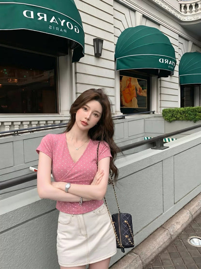 💕現貨秒出🍓夏季波點修身短款露腰上衣