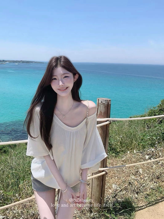 韓系白開水V領慵懶顯瘦短袖上衣