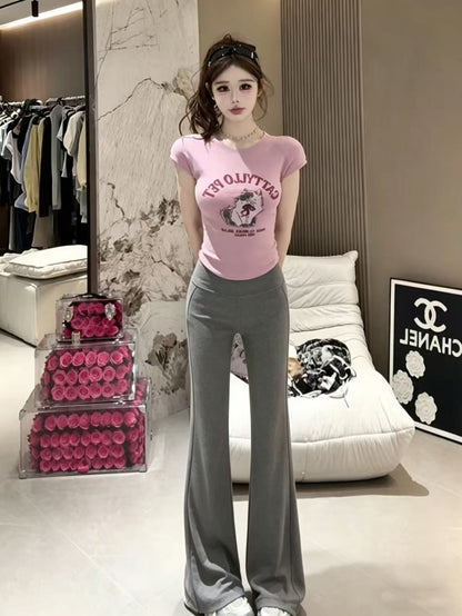 簡約貓咪修身短款上衣+高腰顯瘦微喇叭長褲