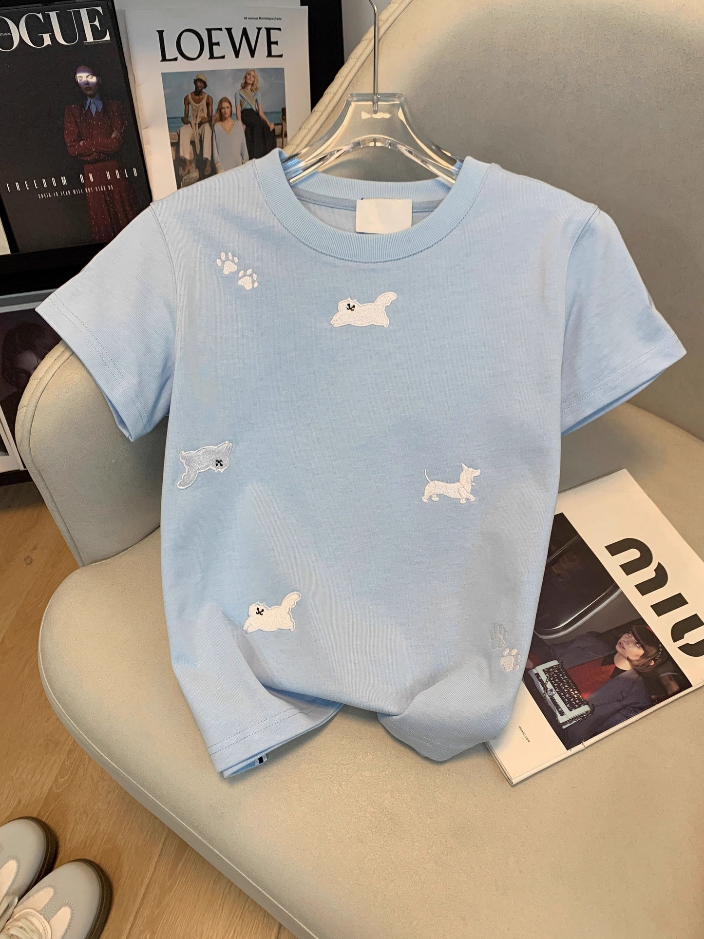 韓系刺繡小白貓圓領修身短袖上衣