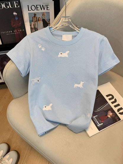 韓系刺繡小白貓圓領修身短袖上衣