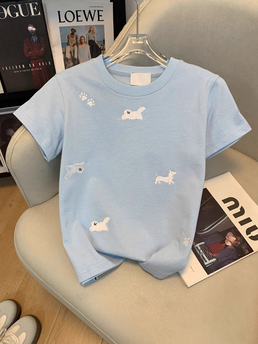 韓系刺繡小白貓圓領修身短袖上衣