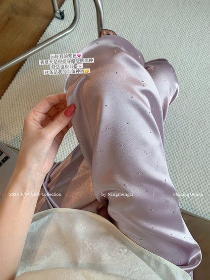 💎慵懶風紫色醋酸燙鑽垂感休閒寬褲🌟