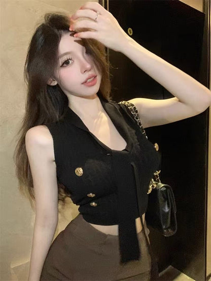 法式小香風V領針織短款背心