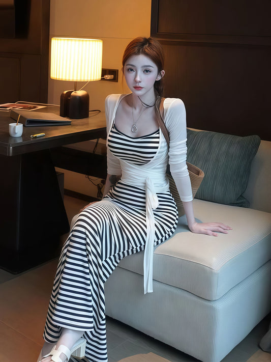 💕現貨秒出🍓純御辣妹黑白條紋吊帶連衣裙&綁帶防曬外套兩件套