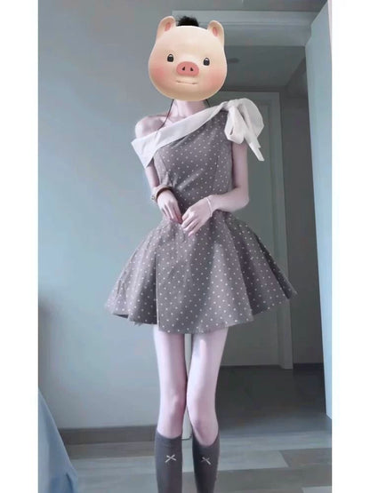 優雅一字肩蝴蝶結點點收腰澎澎裙