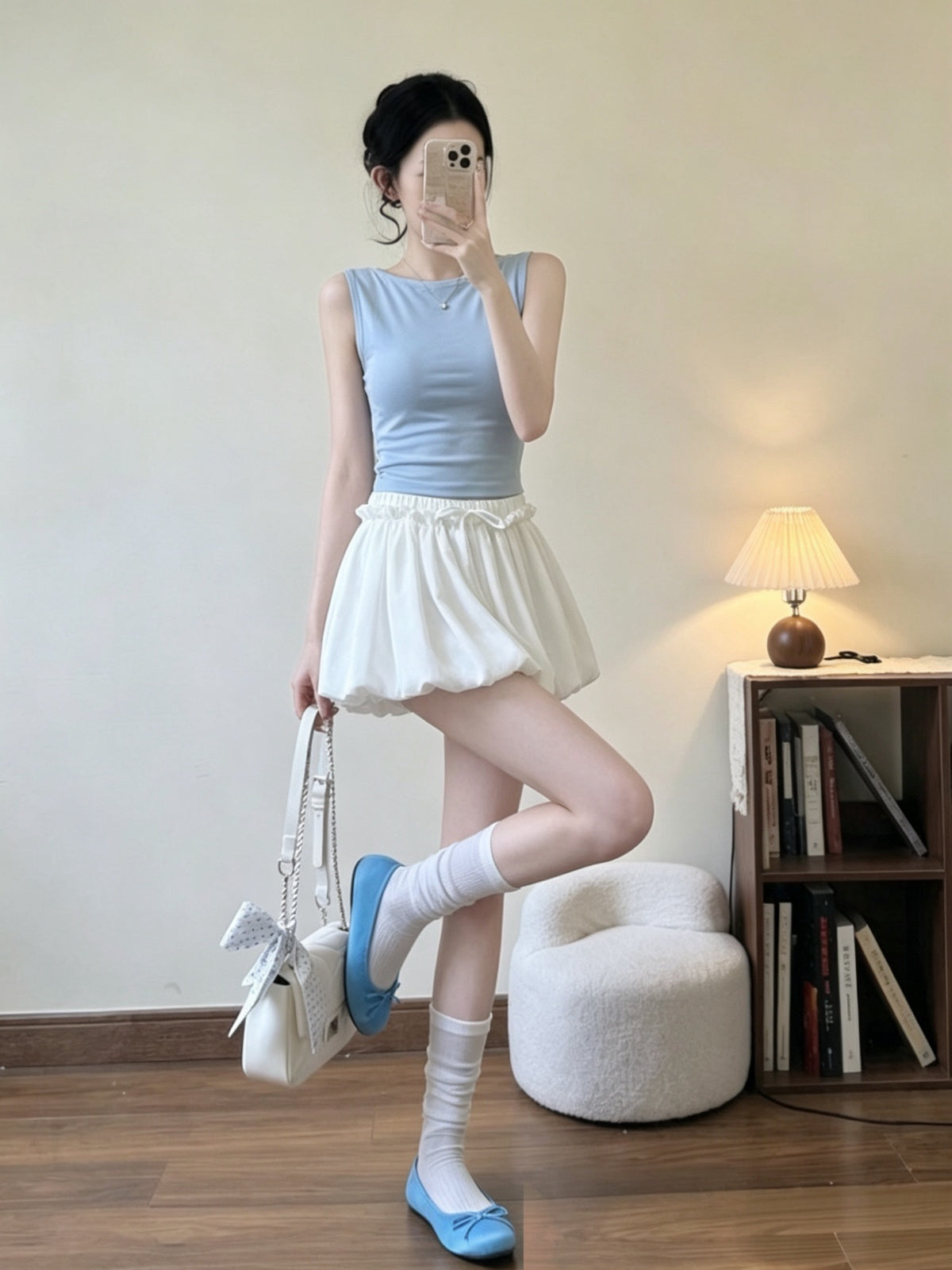 韓系chic醋酸光澤雲朵澎澎短裙