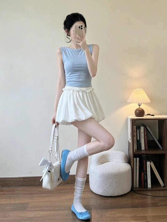 韓系chic醋酸光澤雲朵澎澎短裙
