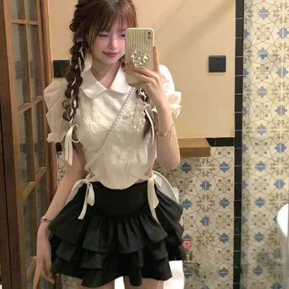 韓系蝴蝶結綁帶收腰蛋糕裙兩件套