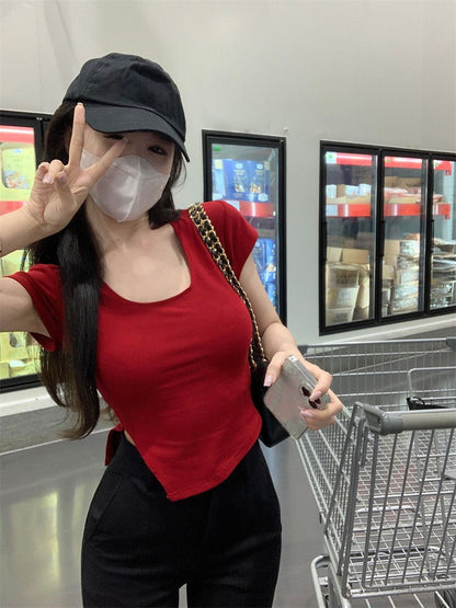 U領不規則短袖上衣