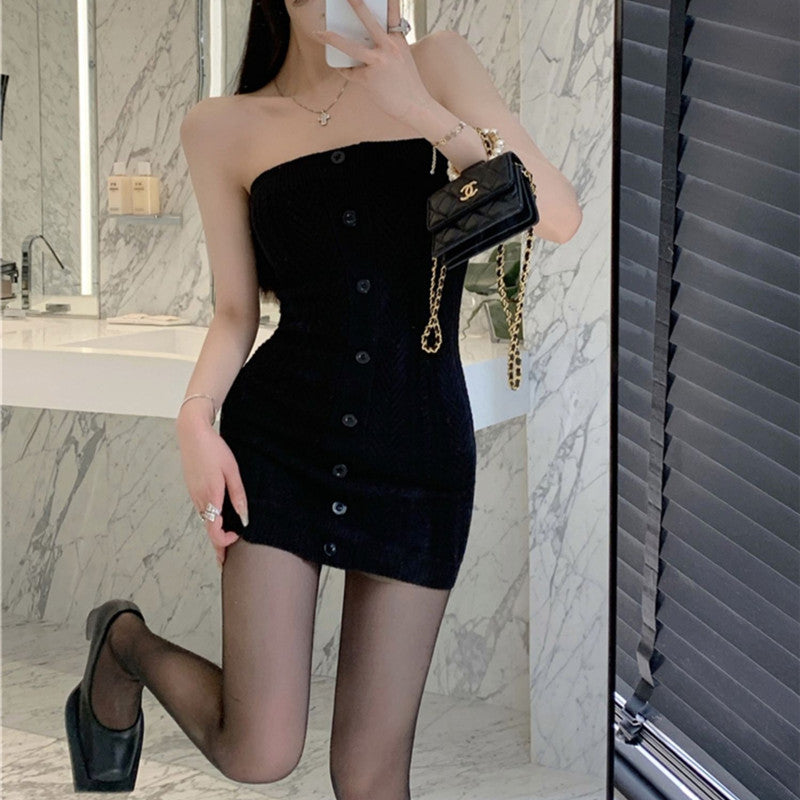💕現貨秒出🍓韓系一字領露肩鎖骨針織包臀裙
